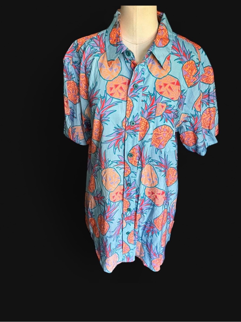 Tipsy Elves Light Blue Button-Up Shirt with Orange & Teal Pineapple Print
